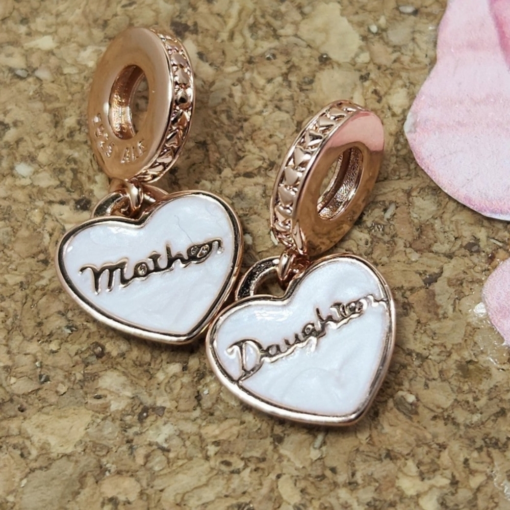 S925 Sterling Silver 2 pc Set Mother Daughter Rose Gold Heart Charms Pendant